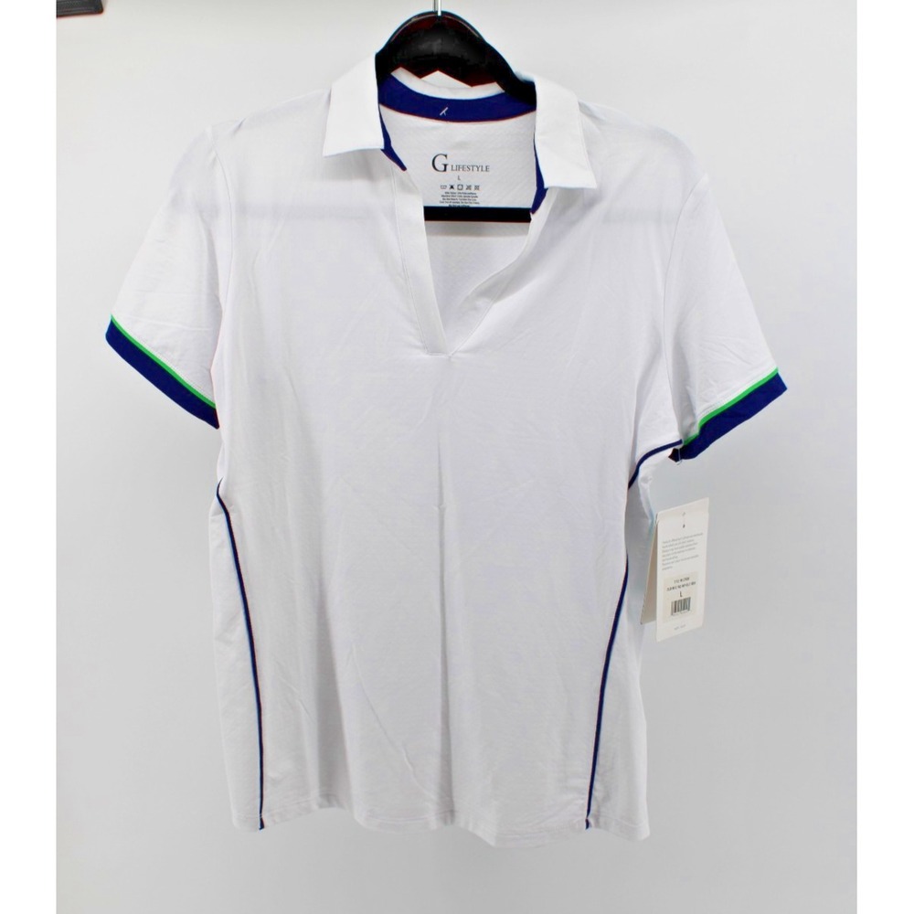 NEW G LIFESTYLE POLO SHORT‎ SLEEVE TOP, SIZE: LARGE, NAVY/WHITE Womes New $92.00